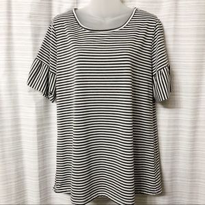 Striped Ruffle Sleeve Gray White Medium